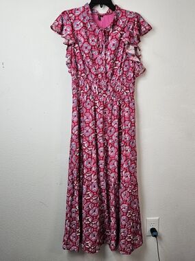 Kranda Pink Patterned Maxi Dress with Ruffle Sleeves Medium